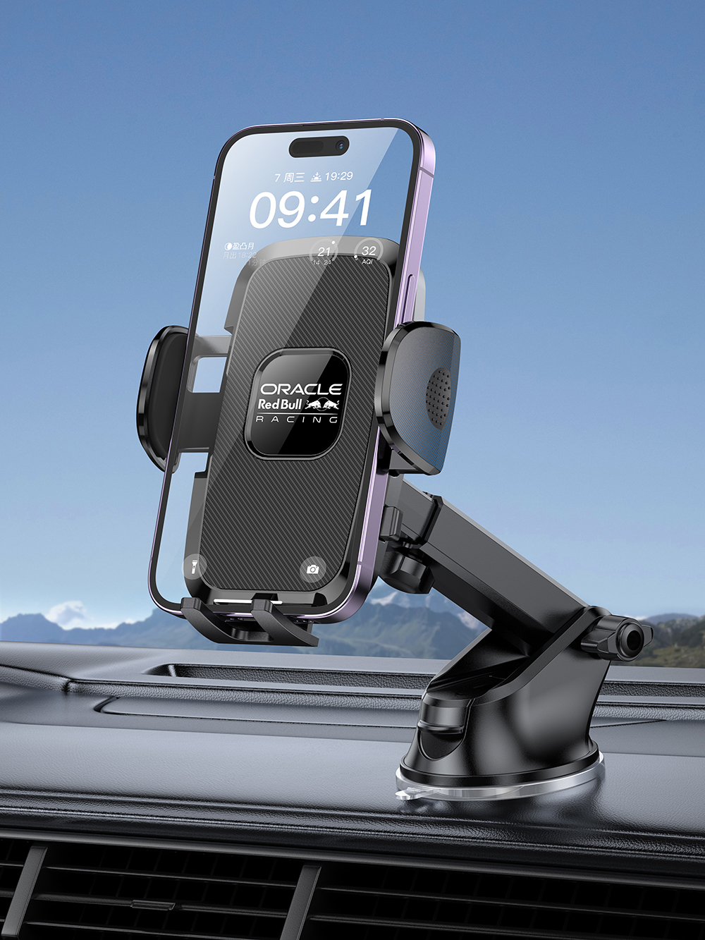 Supporto per telefono con logo Oracle Red Bull Racing sul cruscotto dell'auto.