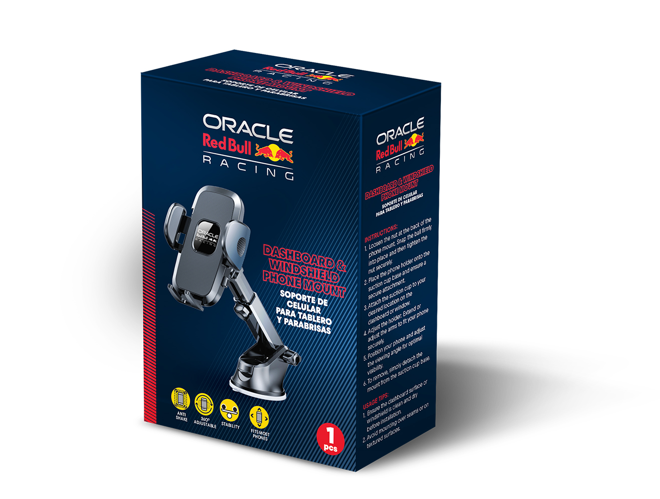 Confezione di un supporto per telefono Oracle Red Bull Racing per cruscotto e parabrezza auto.