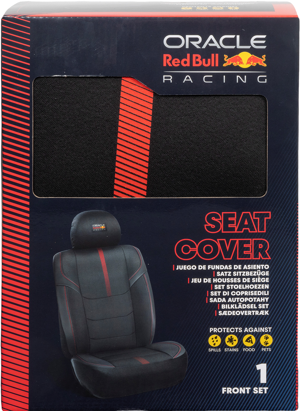 Coprisedile auto nero con strisce rosse, logo Oracle Red Bull Racing.