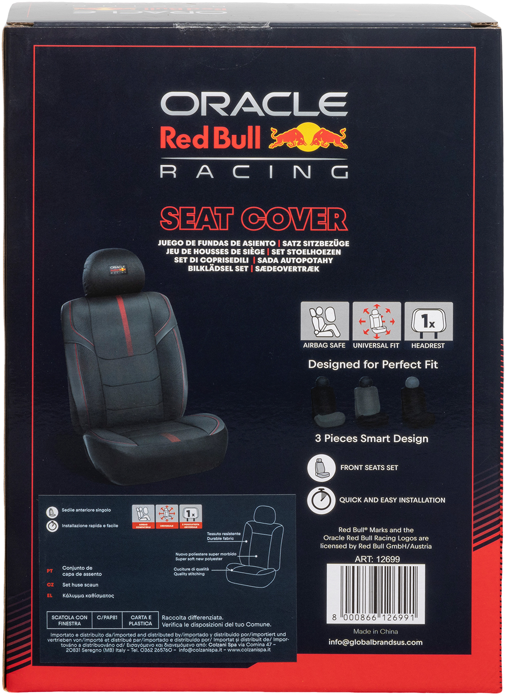 Una fodera per sedile auto nera con cuciture rosse e logo Red Bull Racing.