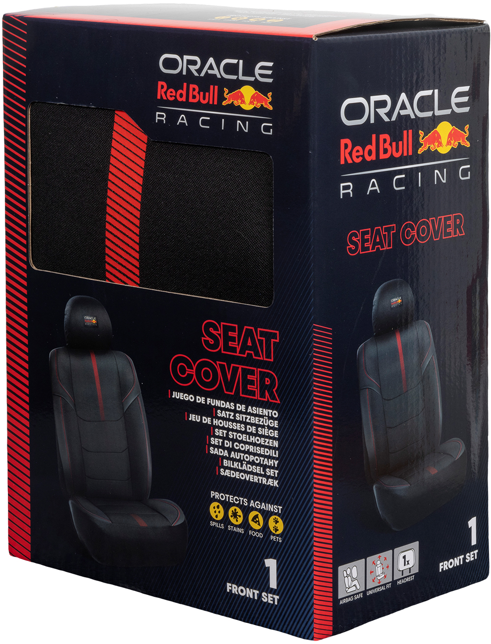 Scatola coprisedile Oracle Red Bull Racing con sedile nero e finiture rosse.