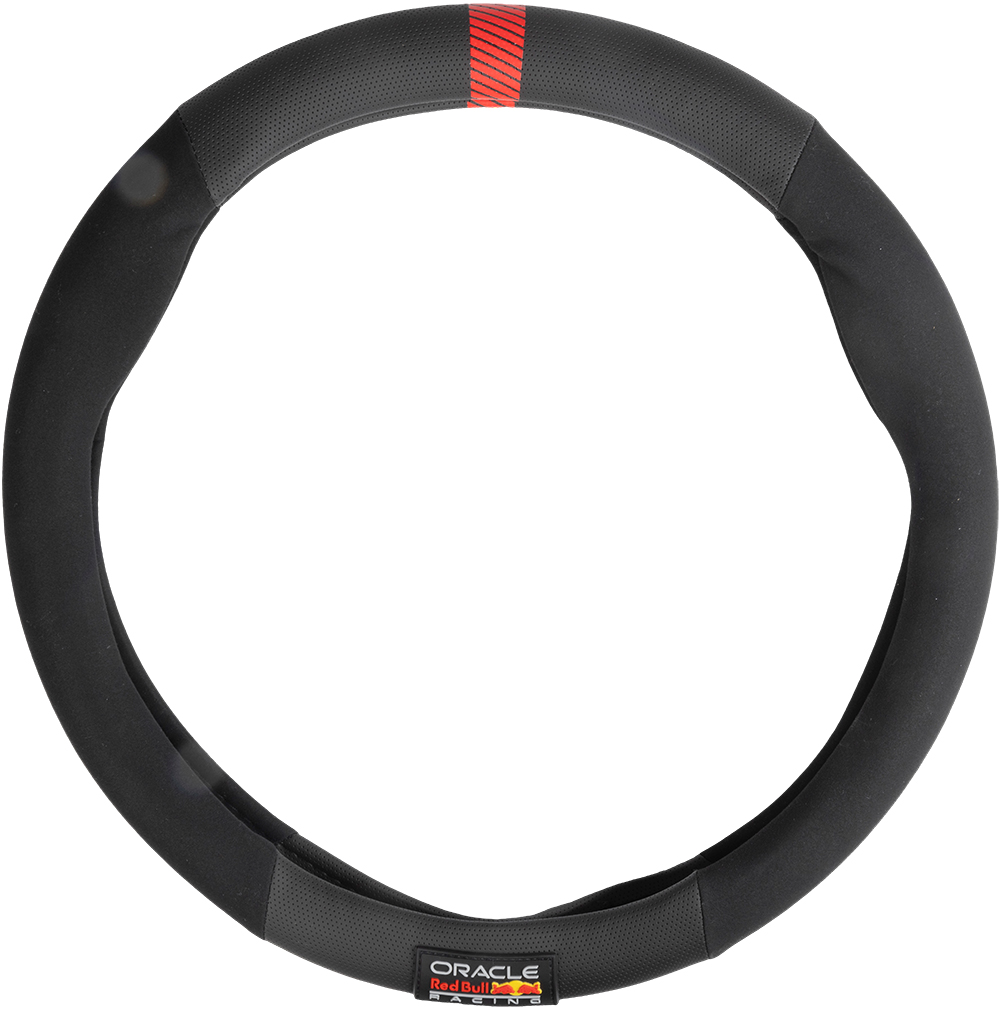 Coprivolante nero con strisce rosse e logo Red Bull Racing.