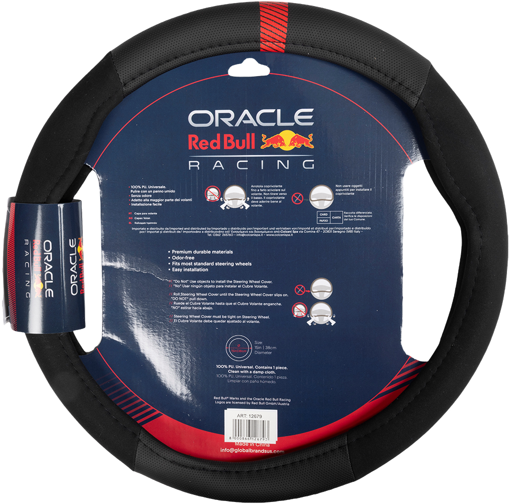 Coprivolante nero con strisce rosse, logo Oracle Red Bull Racing.