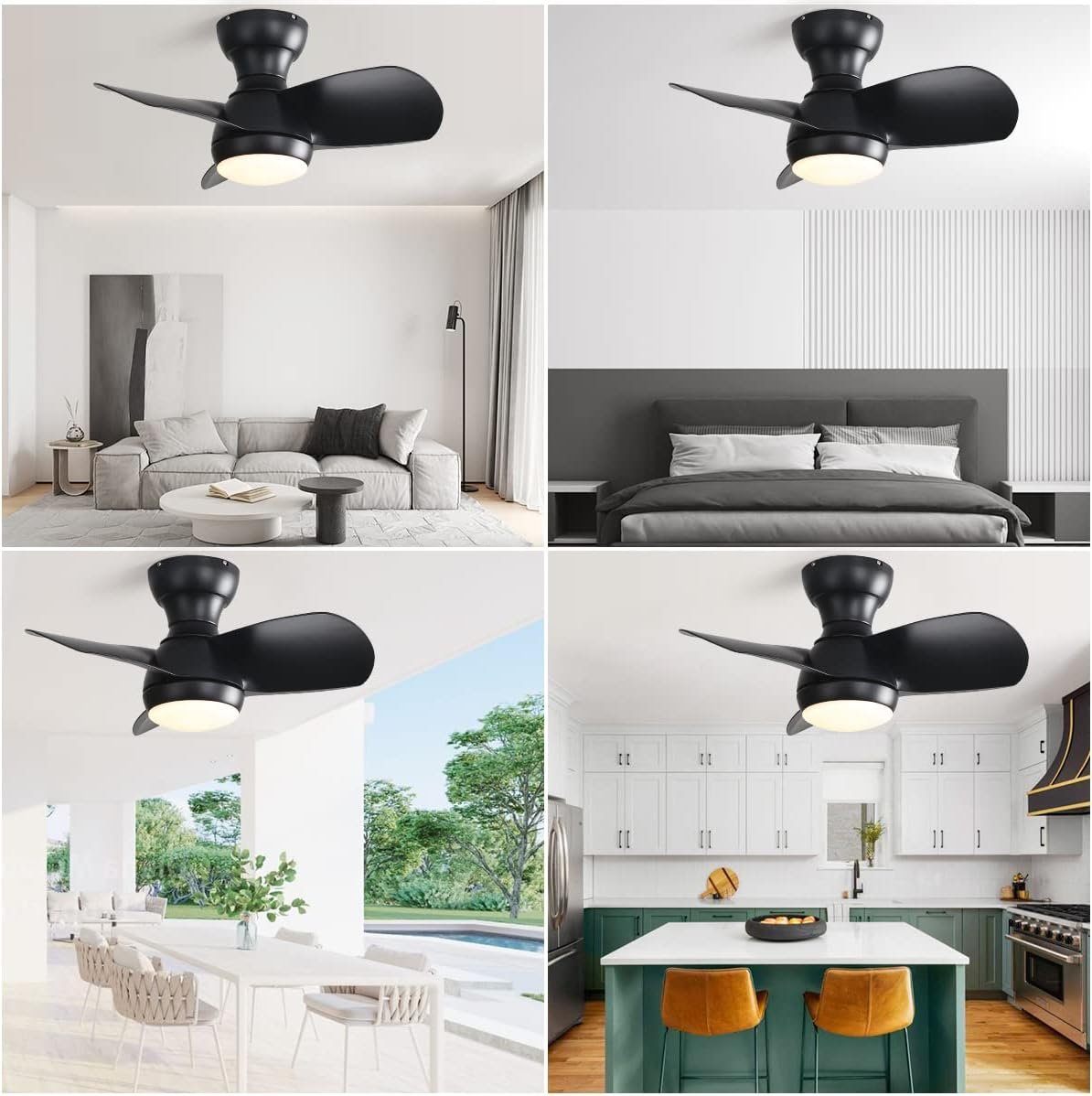 Vier Szenen zeigen schwarze Deckenventilatoren mit Lichtern in Wohnzimmern, Schlafzimmern und Küchen.