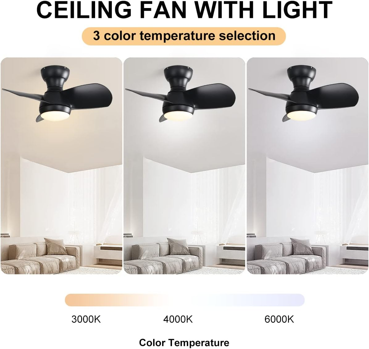 Drei schwarze Deckenventilatoren mit Lichtern, gezeigt in einem Wohnzimmer mit unterschiedlichen Farbtemperaturen.