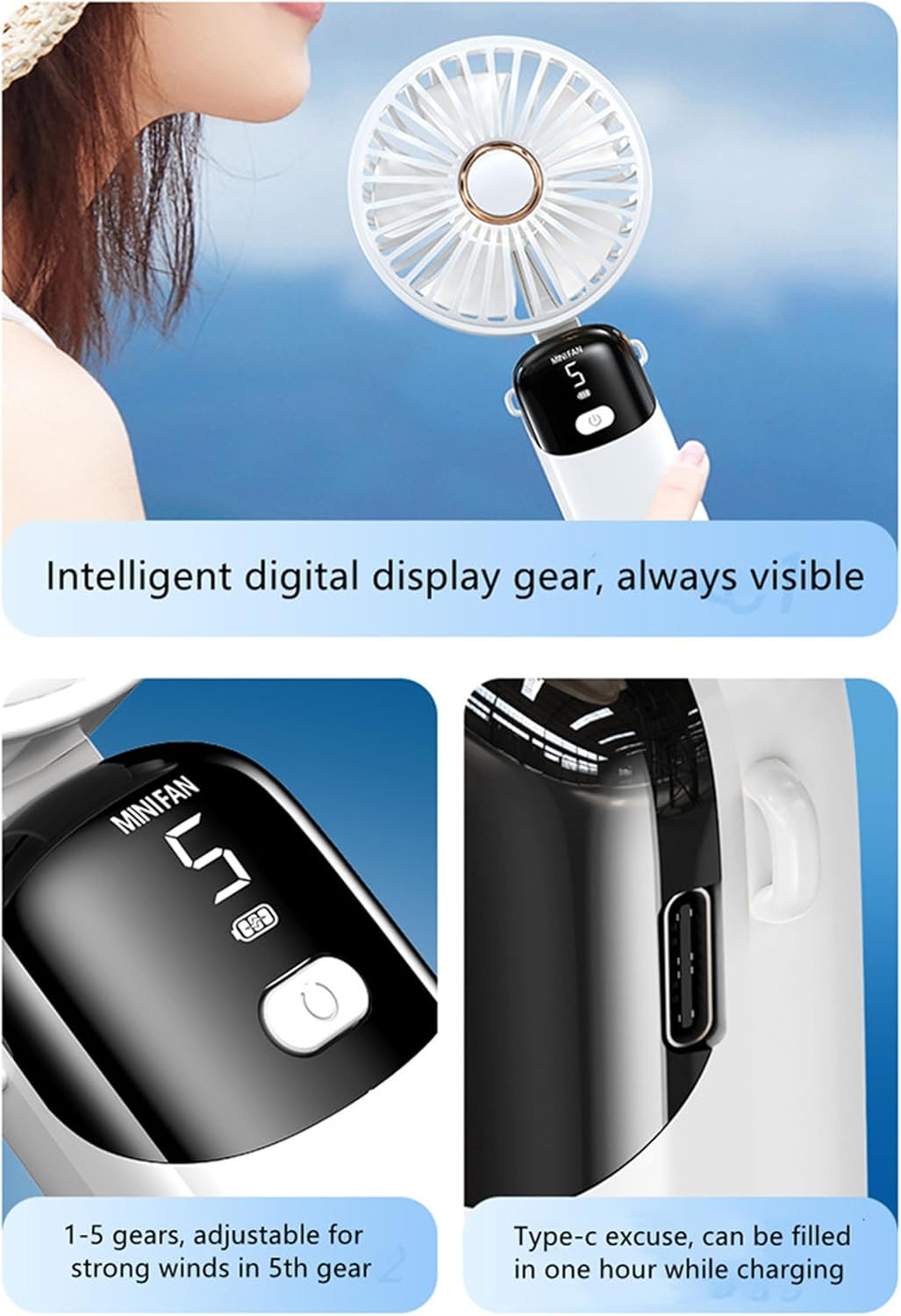 Ein weißer Handventilator mit digitaler Anzeige und Typ-C-Anschluss.