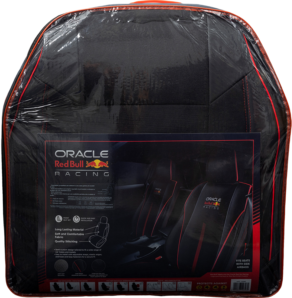 Coprisedili auto neri Oracle Red Bull Racing in confezione di plastica con bordo rosso.