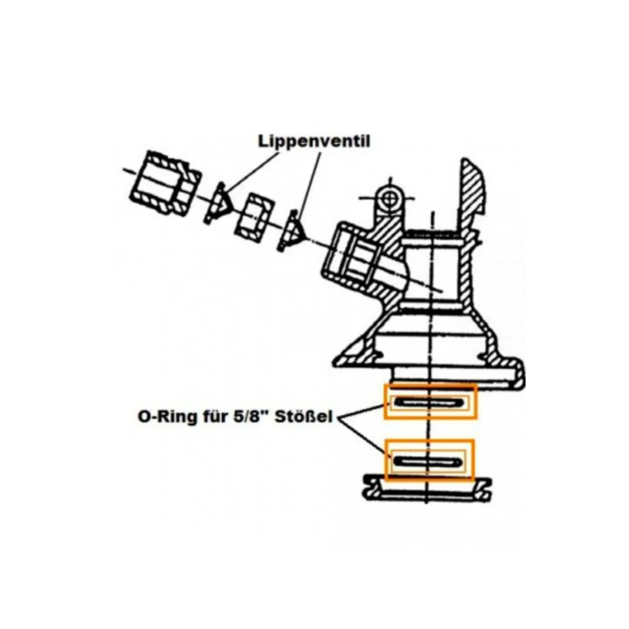 Technische tekening van een ventiel met O-ringen.