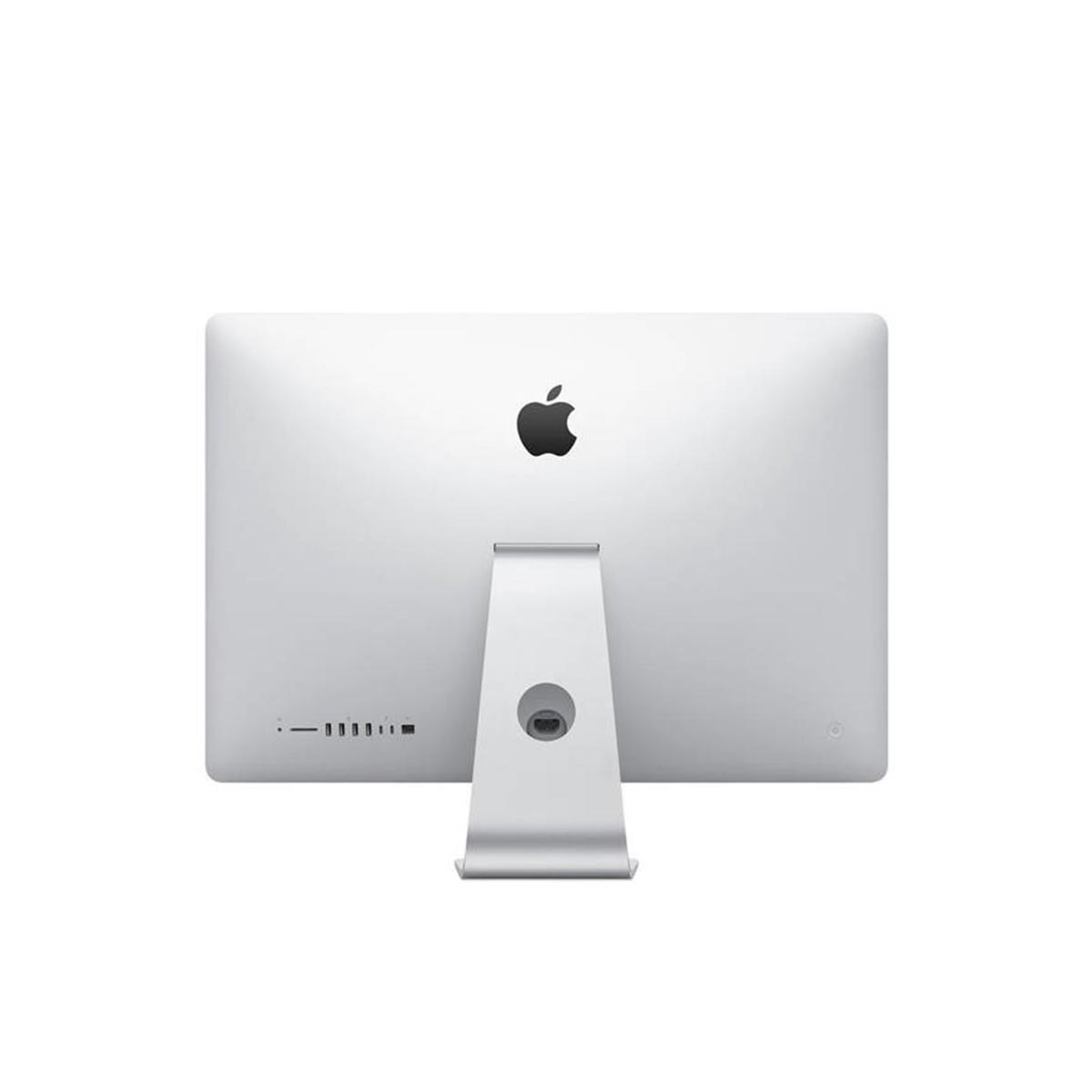 Tył srebrnego komputera iMac z logo Apple i portami.