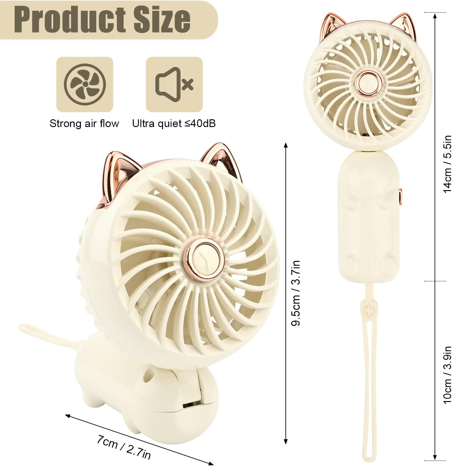 Ein beigefarbener Katzen-Ventilator mit Größenangaben und Symbolen für Luftstrom und Lautstärke.