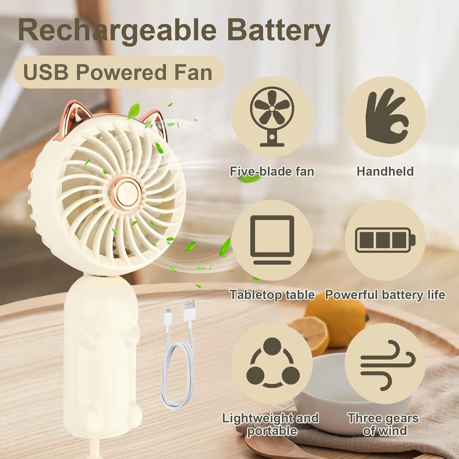 Cremefarbener USB-Ventilator mit Katzenohren, fünf Blättern, handlich, Tisch, tragbar.