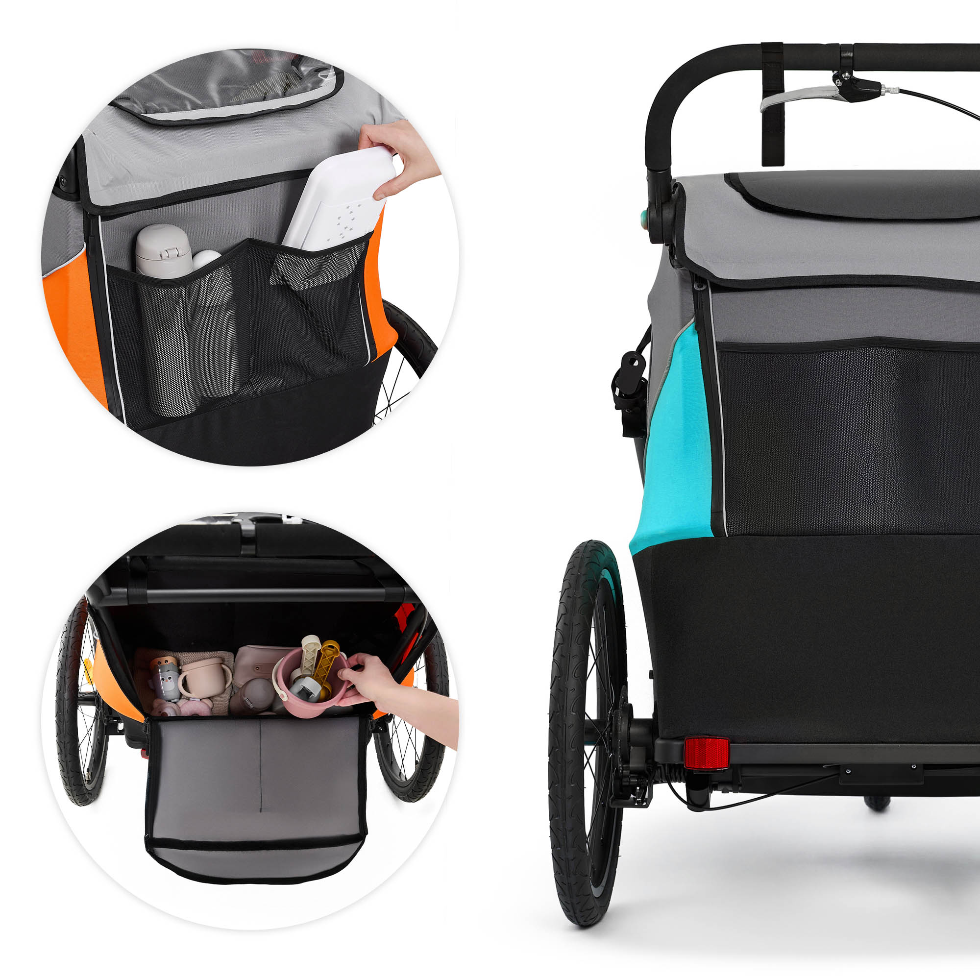 Grauer Fahrradanhänger mit orangefarbenen Akzenten und Netztaschen.
