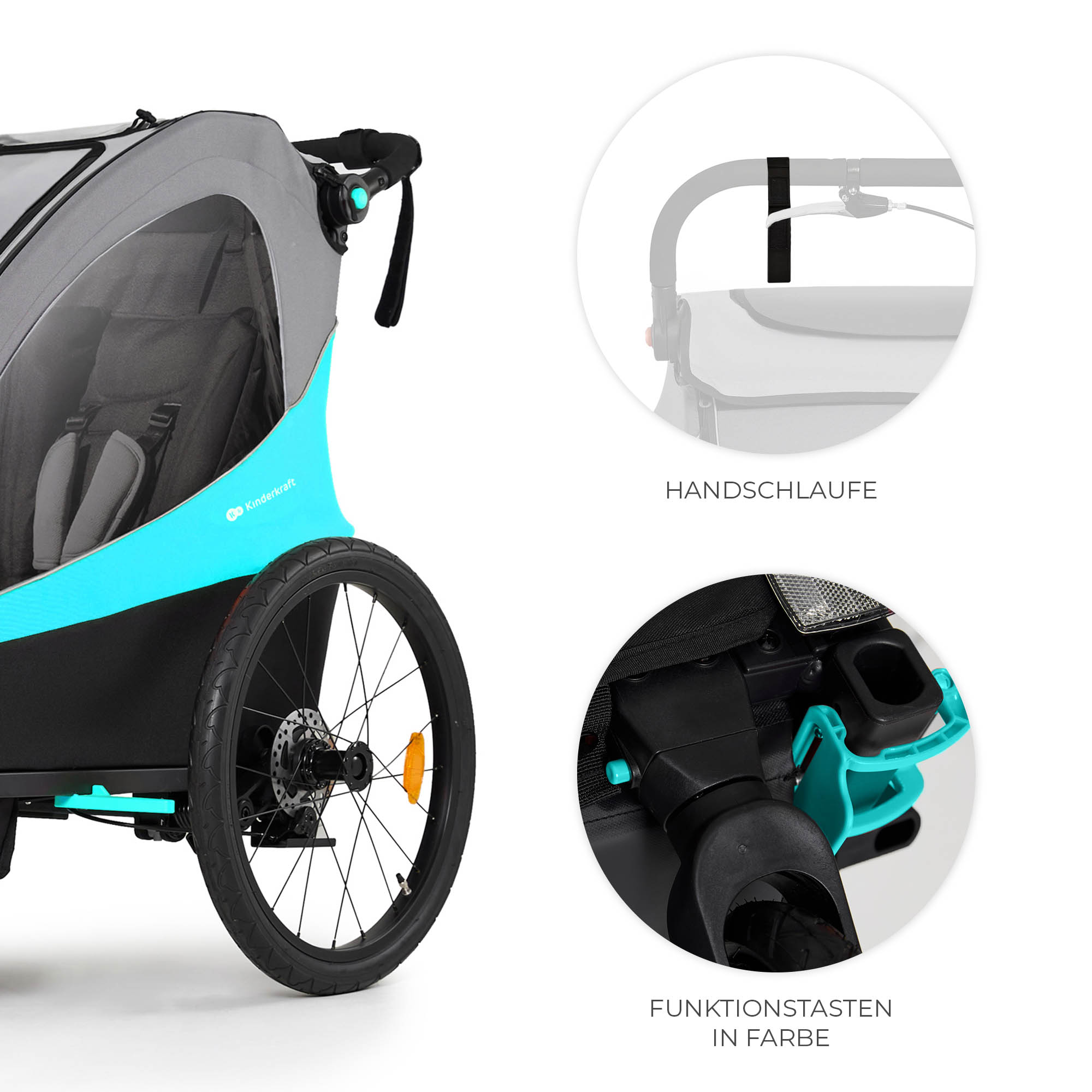 Zwei Kreise zeigen Details des Kinderwagens: Griff und Funktionstasten.