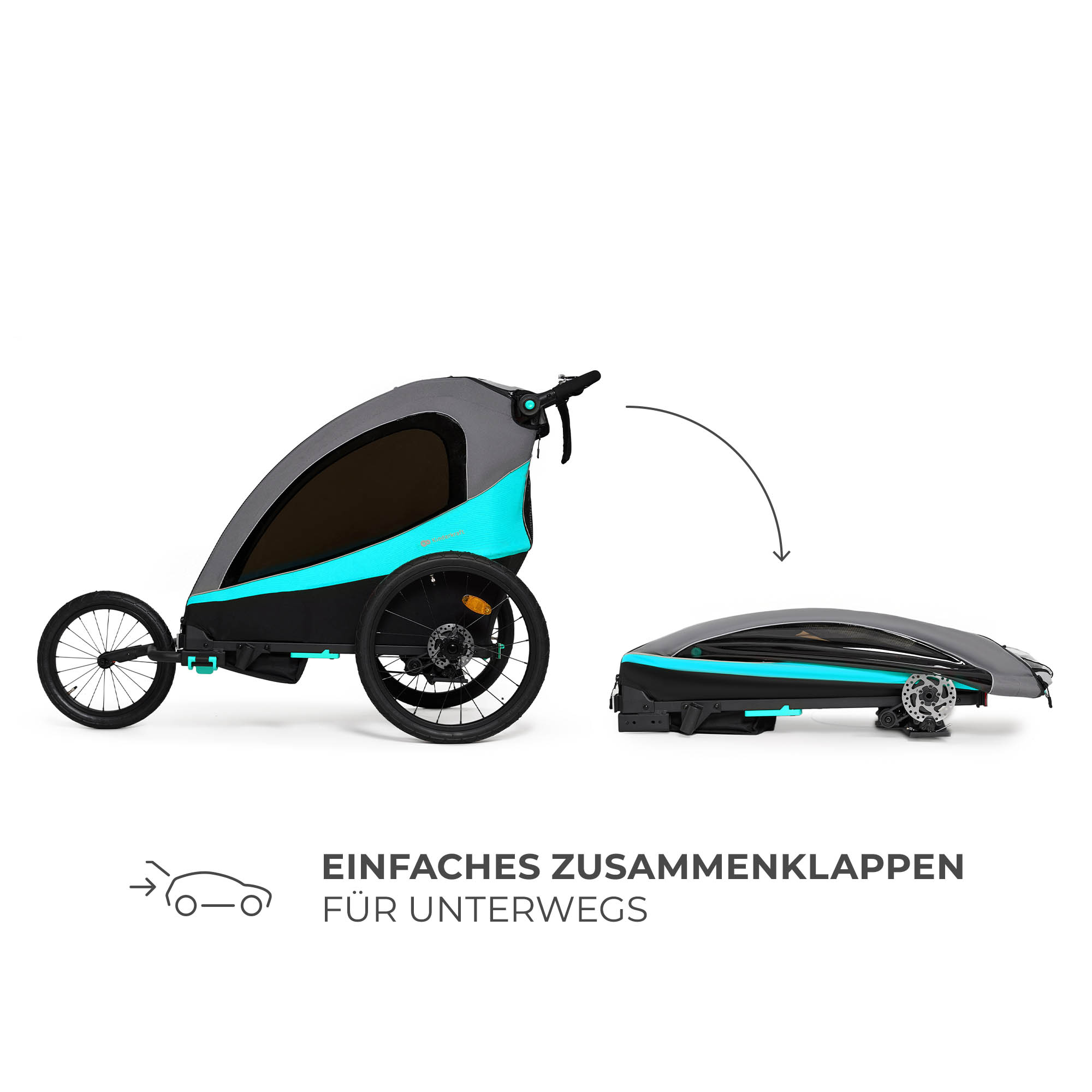Ein Fahrradanhänger in Grau und Türkis, ausgestellt in voller Größe und zusammengeklappt.