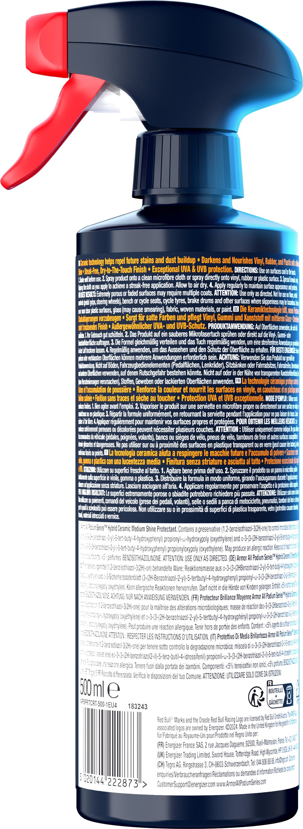 Detergente scuro in flacone spray con grilletto rosso e corpo blu.