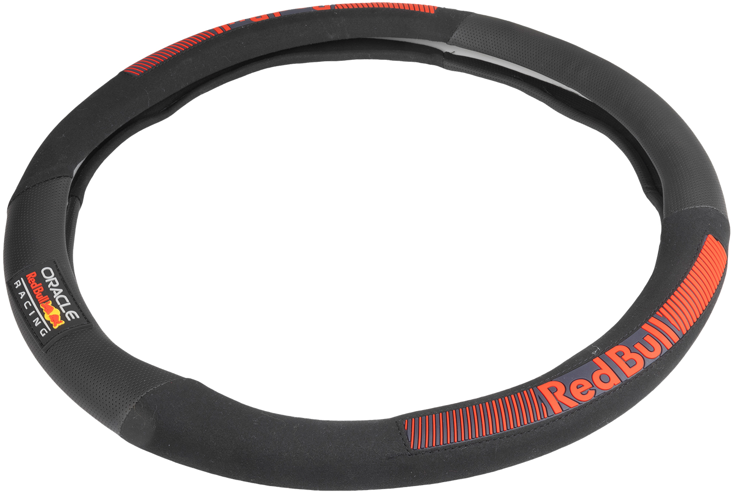 Coprivolante nero con logo Red Bull Racing e strisce arancioni.