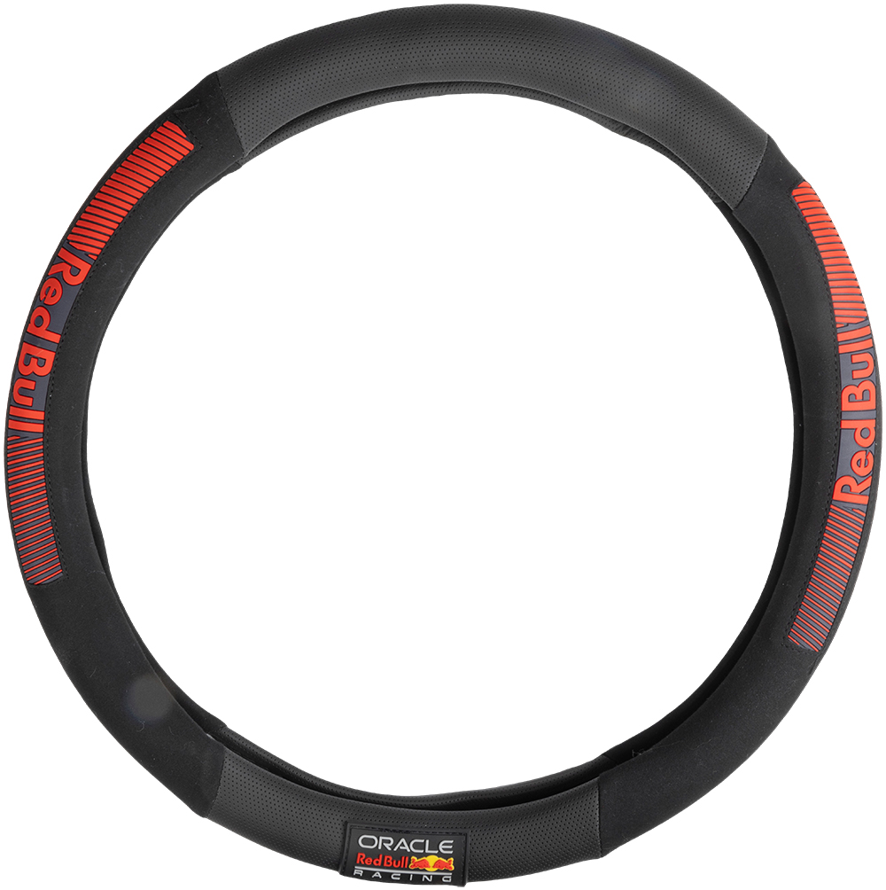 Coprivolante nero con loghi rossi Red Bull Racing e motivo a strisce arancioni.