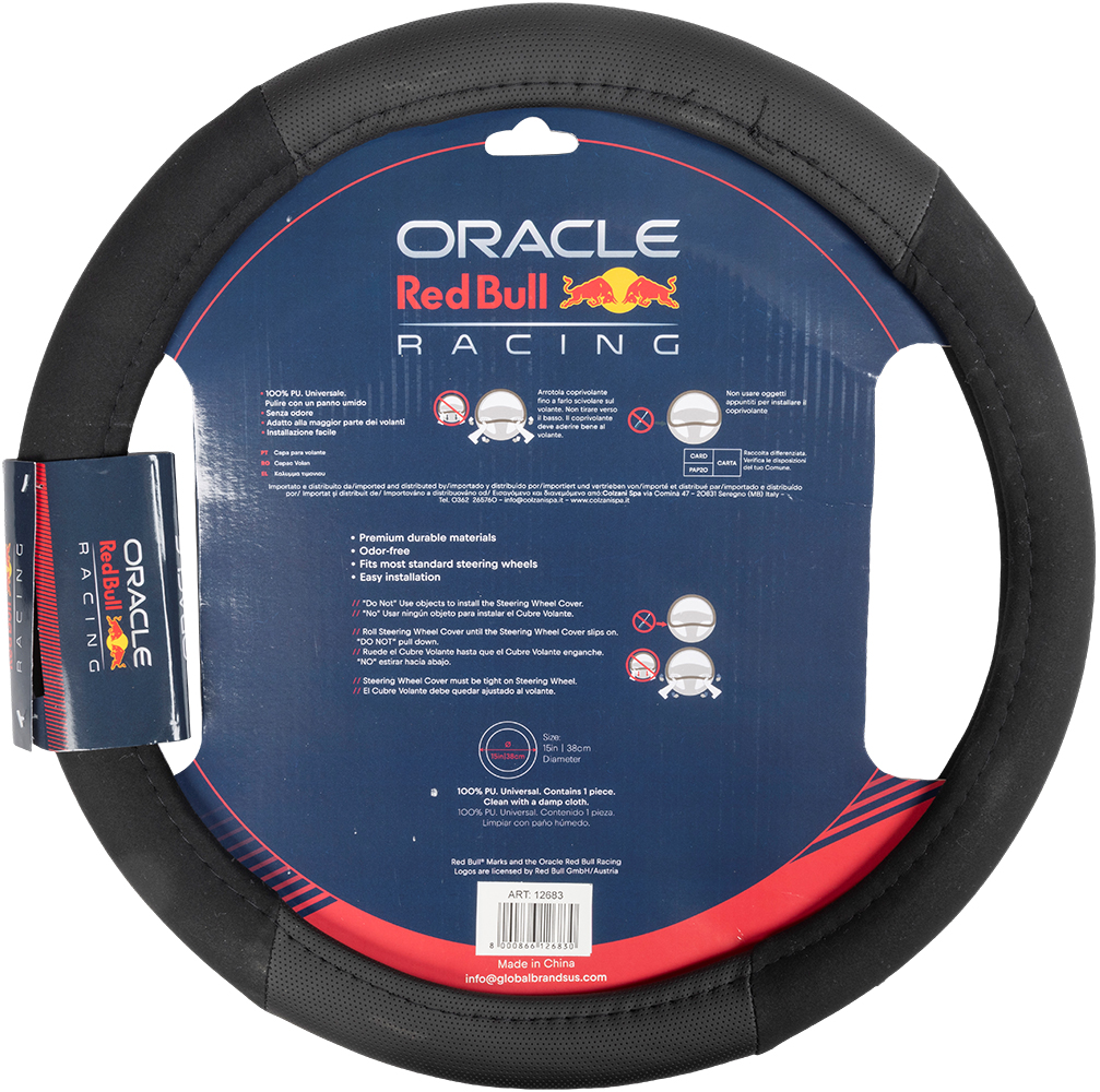 Coprivolante nero con logo Oracle Red Bull Racing. 100% PU, universale.