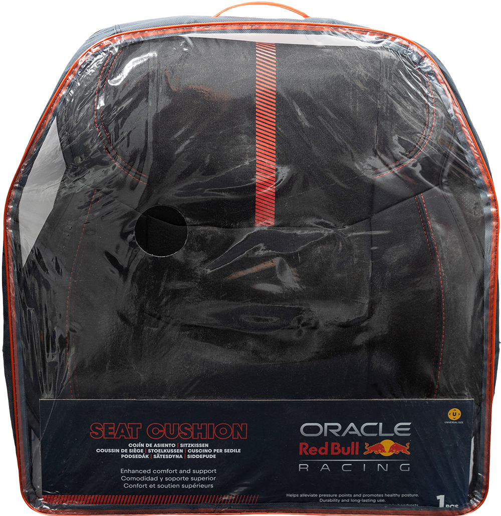 Cuscino sedile nero Oracle Red Bull Racing in confezione di plastica con bordo arancione.