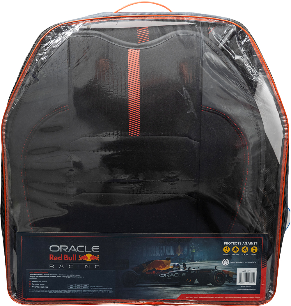 Coprisedile da corsa nero in confezione di plastica con logo Red Bull Racing e auto di F1.