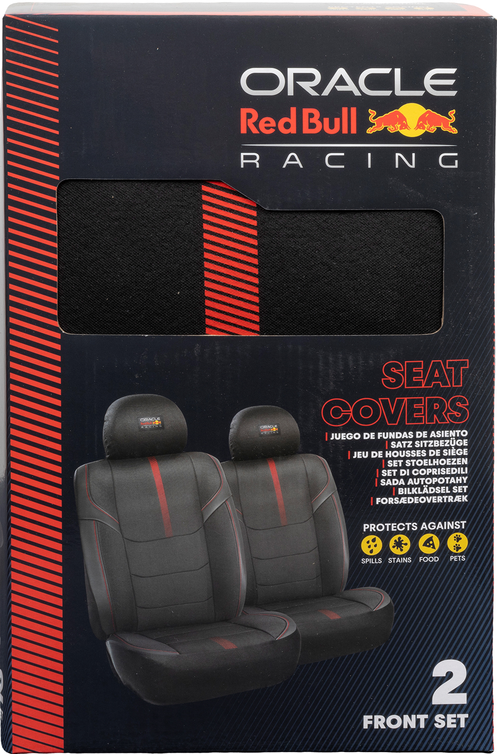 Scatola coprisedili logo Oracle Red Bull Racing, mostra due coprisedili neri.