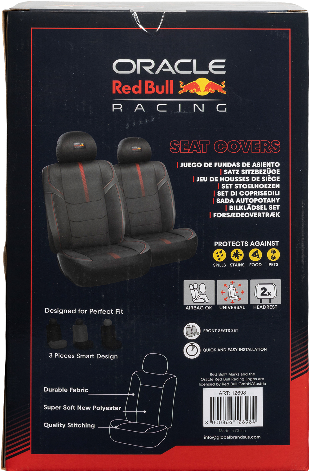 Confezione coprisedili Oracle Red Bull Racing, neri con strisce rosse.