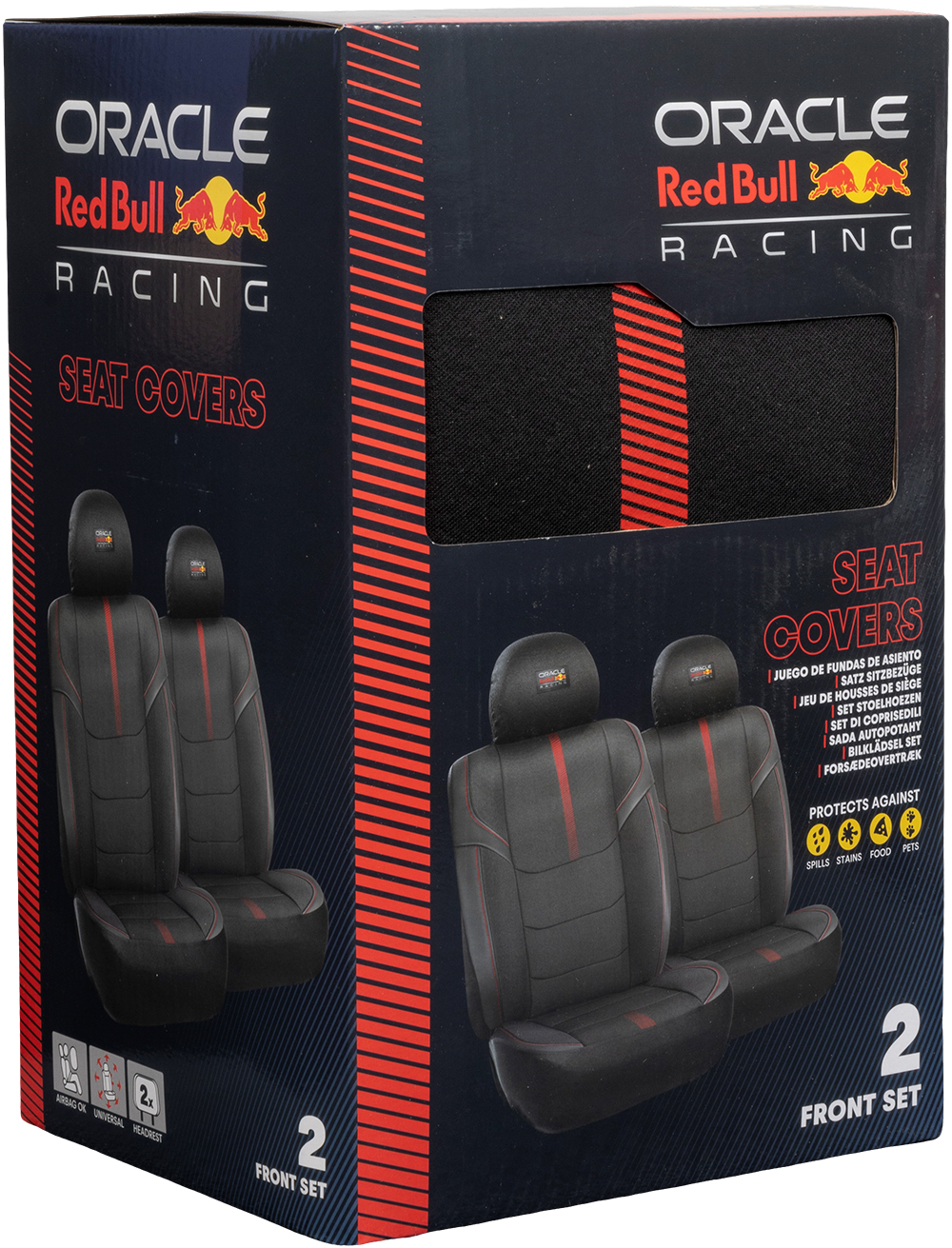 Confezione di 2 coprisedili auto anteriori Red Bull Racing neri con accenti rossi.