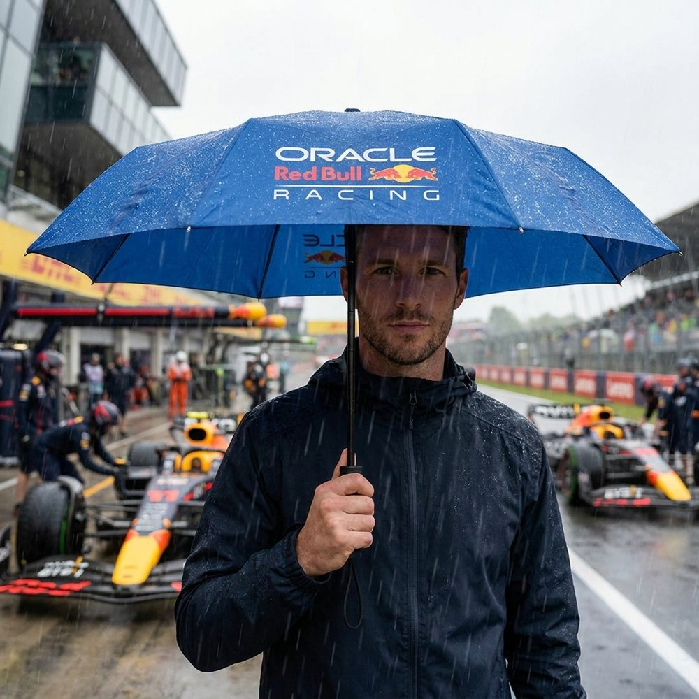 Un uomo tiene un ombrello blu Red Bull Racing sotto la pioggia.