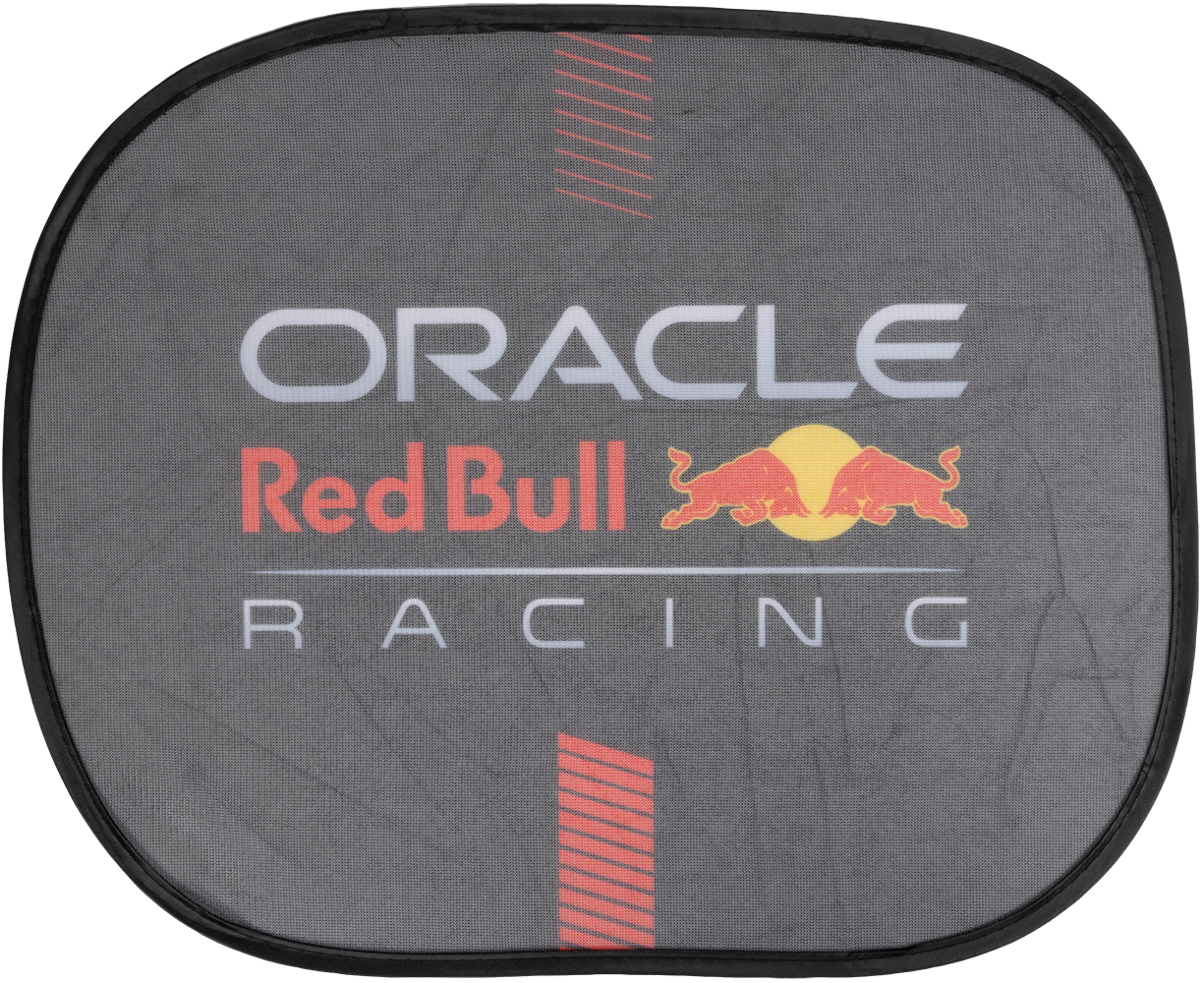 Logo Oracle Red Bull Racing su parasole in rete grigia.