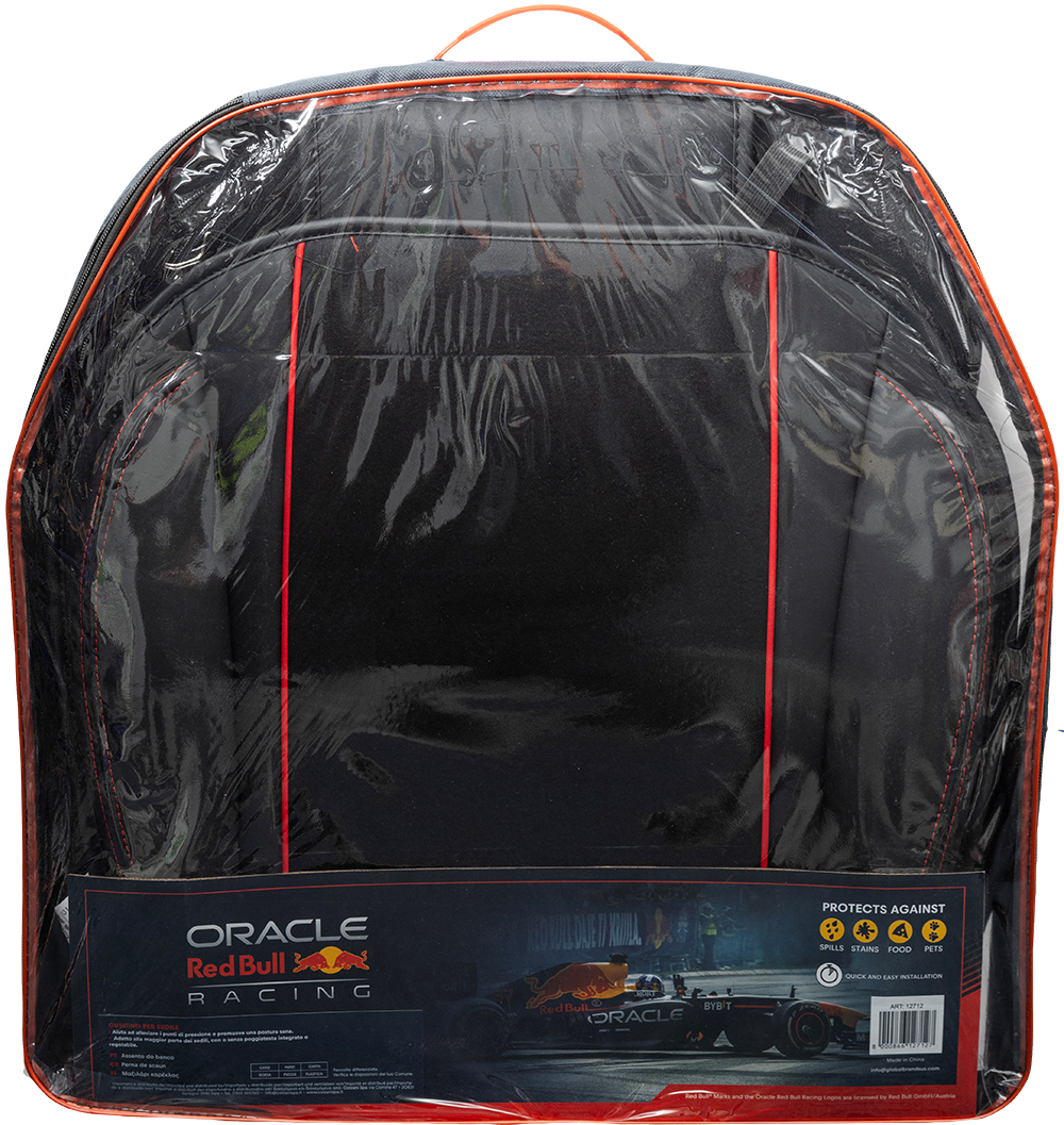Coprisedile auto nero con cuciture rosse, confezionato in plastica trasparente con logo Red Bull.