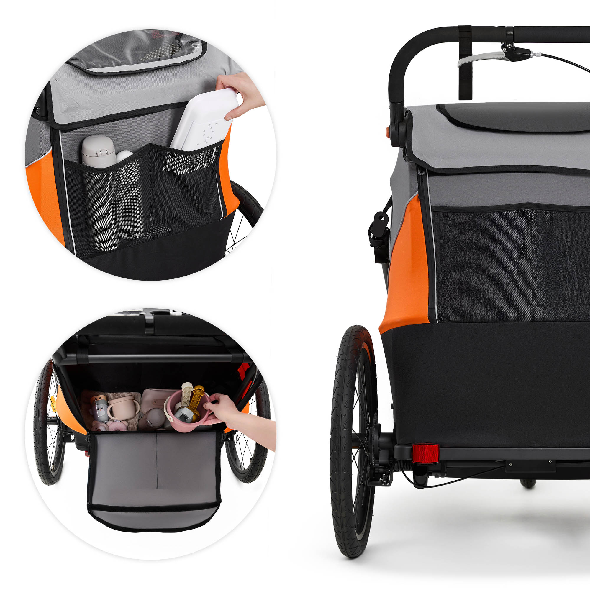 Ein Kinderanhänger mit orangen Akzenten, Rädern und Stauraum.