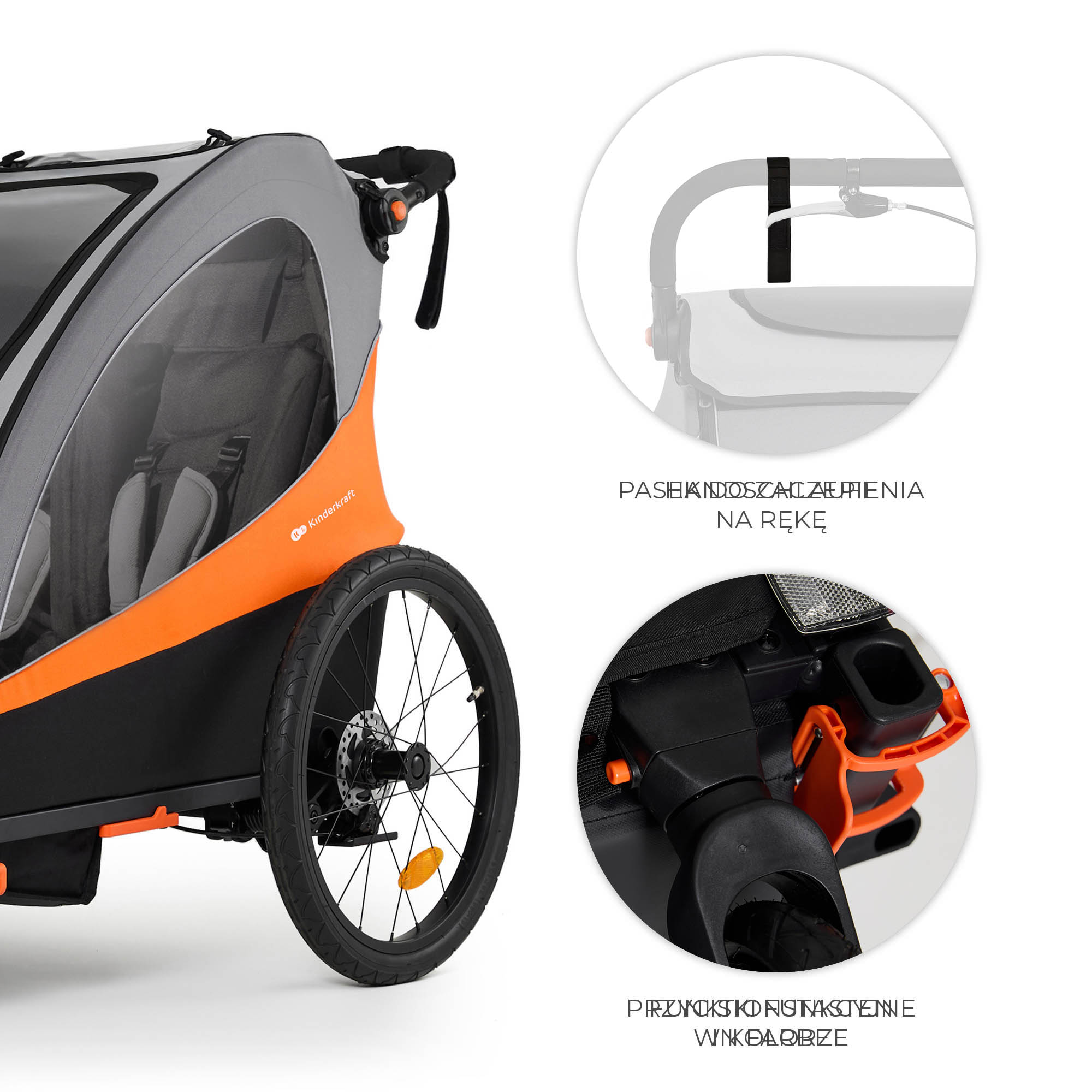 Ein orange-grauer Kinderanhänger mit einem großen Rad und Details.
