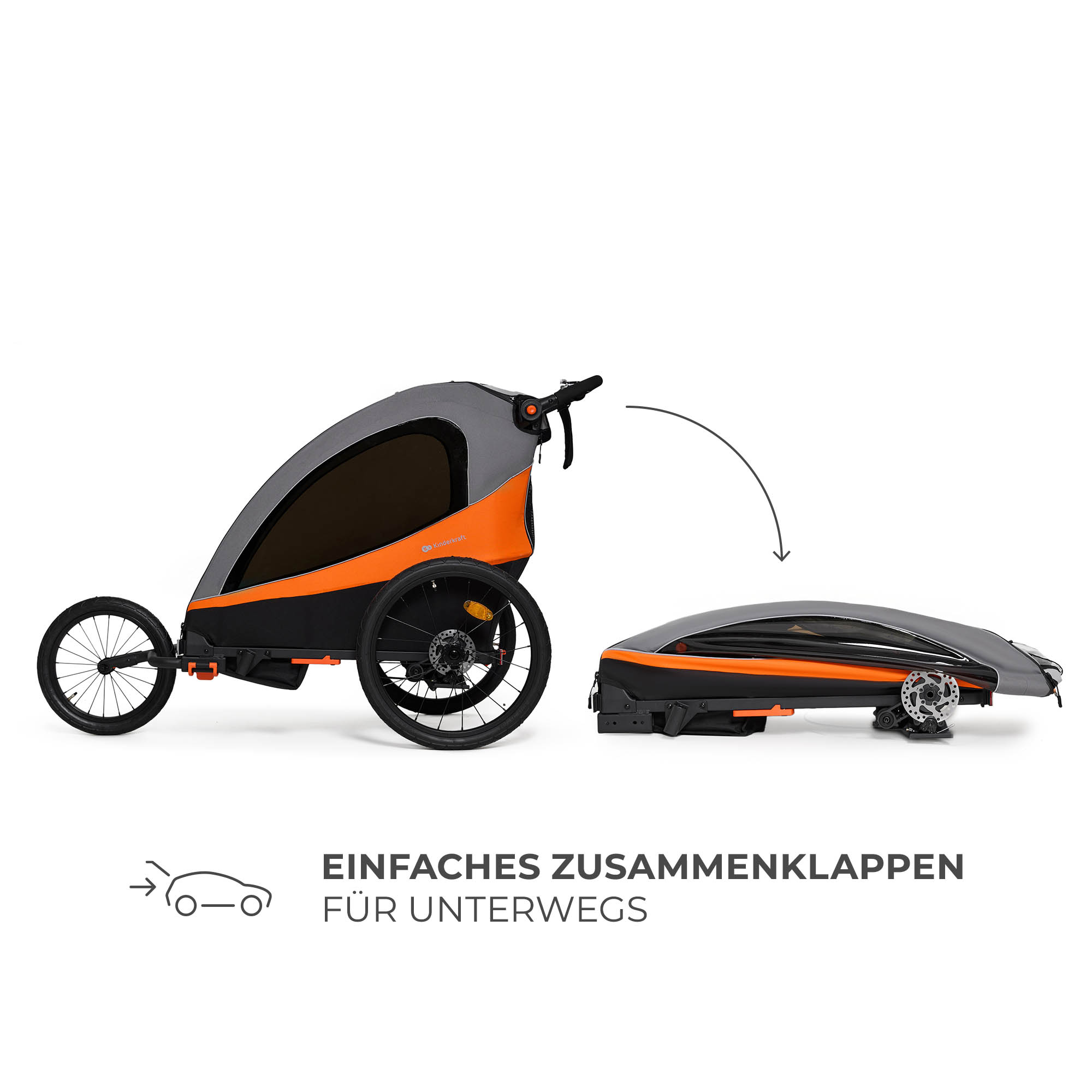 Ein grauer und oranger Fahrradanhänger neben seiner zusammengeklappten Form.