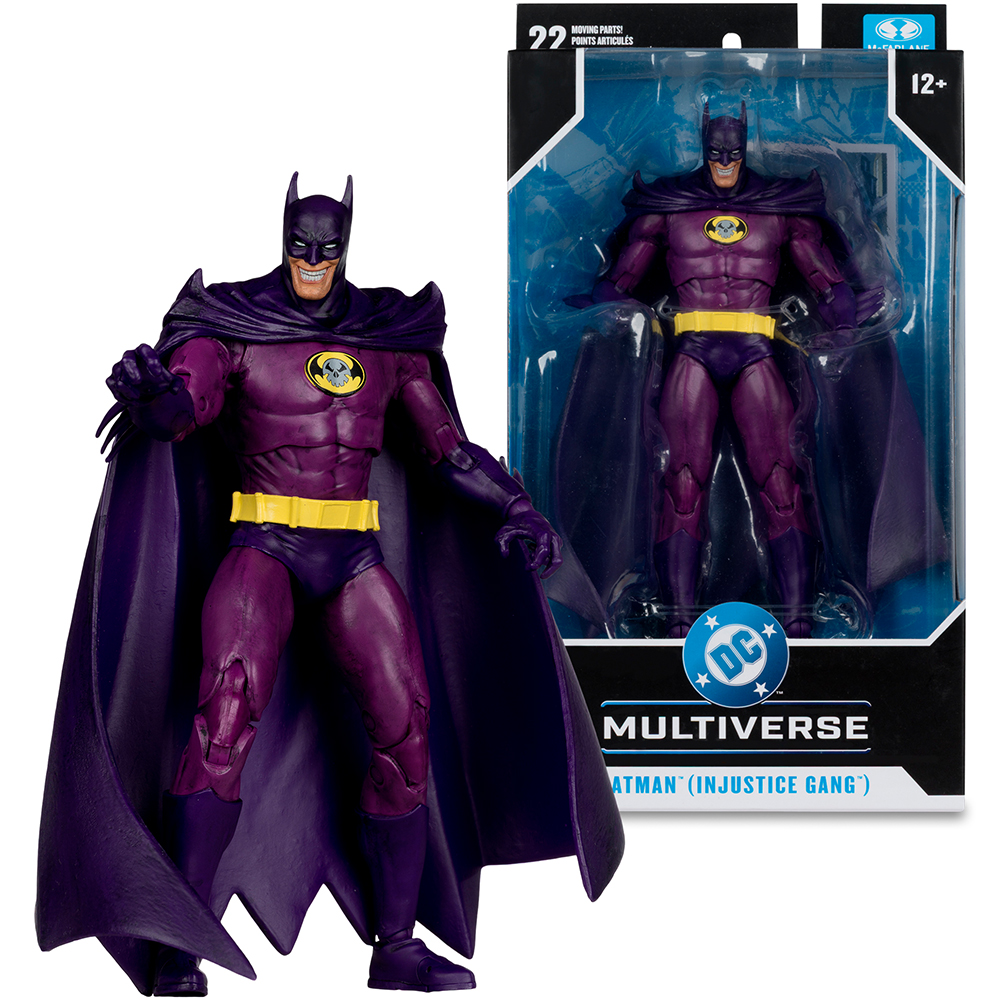 Eine Batman-Actionfigur in Lila mit gelbem Gürtel und lila Umhang.