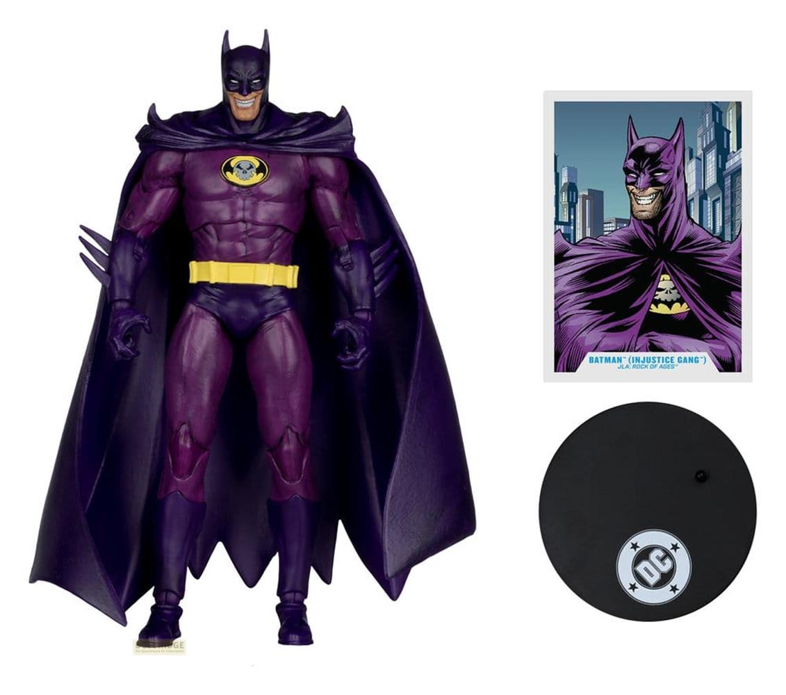 Batman-Figur in Lila und Gelb, mit Comic-Karte und Ständer.