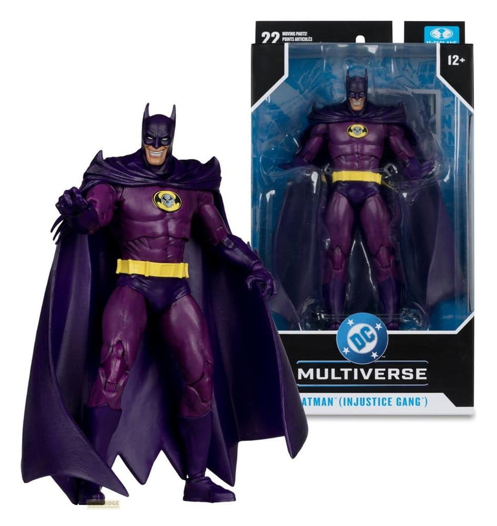 Lila Batman-Figur mit gelbem Gürtel und Umhang, in Box. 22 bewegliche Teile. Alter 12+