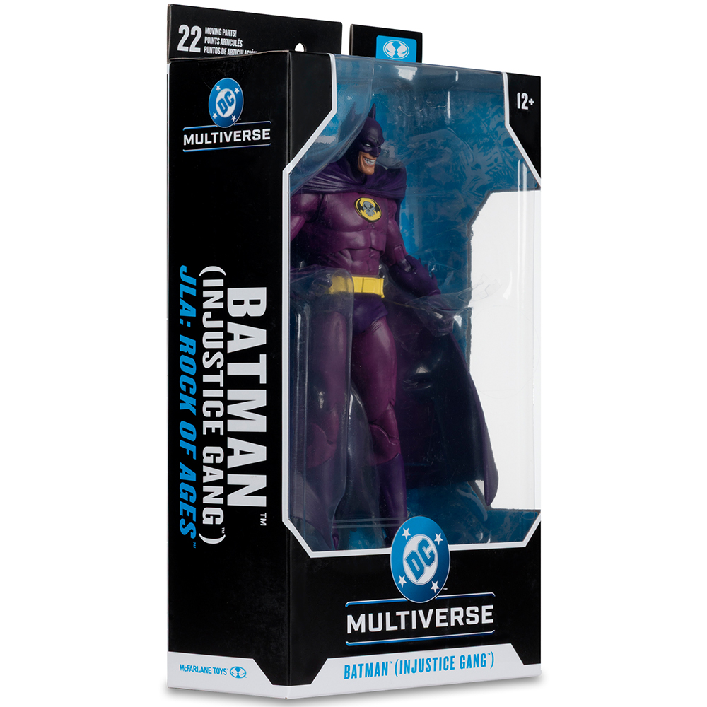 Batman-Actionfigur im lila Anzug mit gelbem Gürtel in DC Multiverse Verpackung.