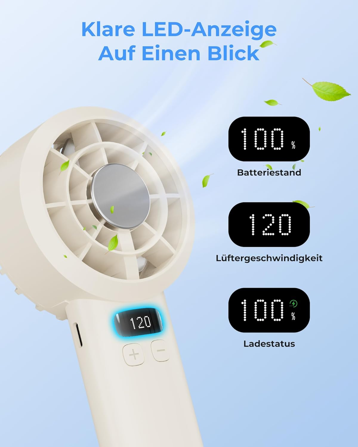 Ein beigefarbener Handventilator mit LED-Anzeigen für Batteriestand, Geschwindigkeit und Ladezustand.