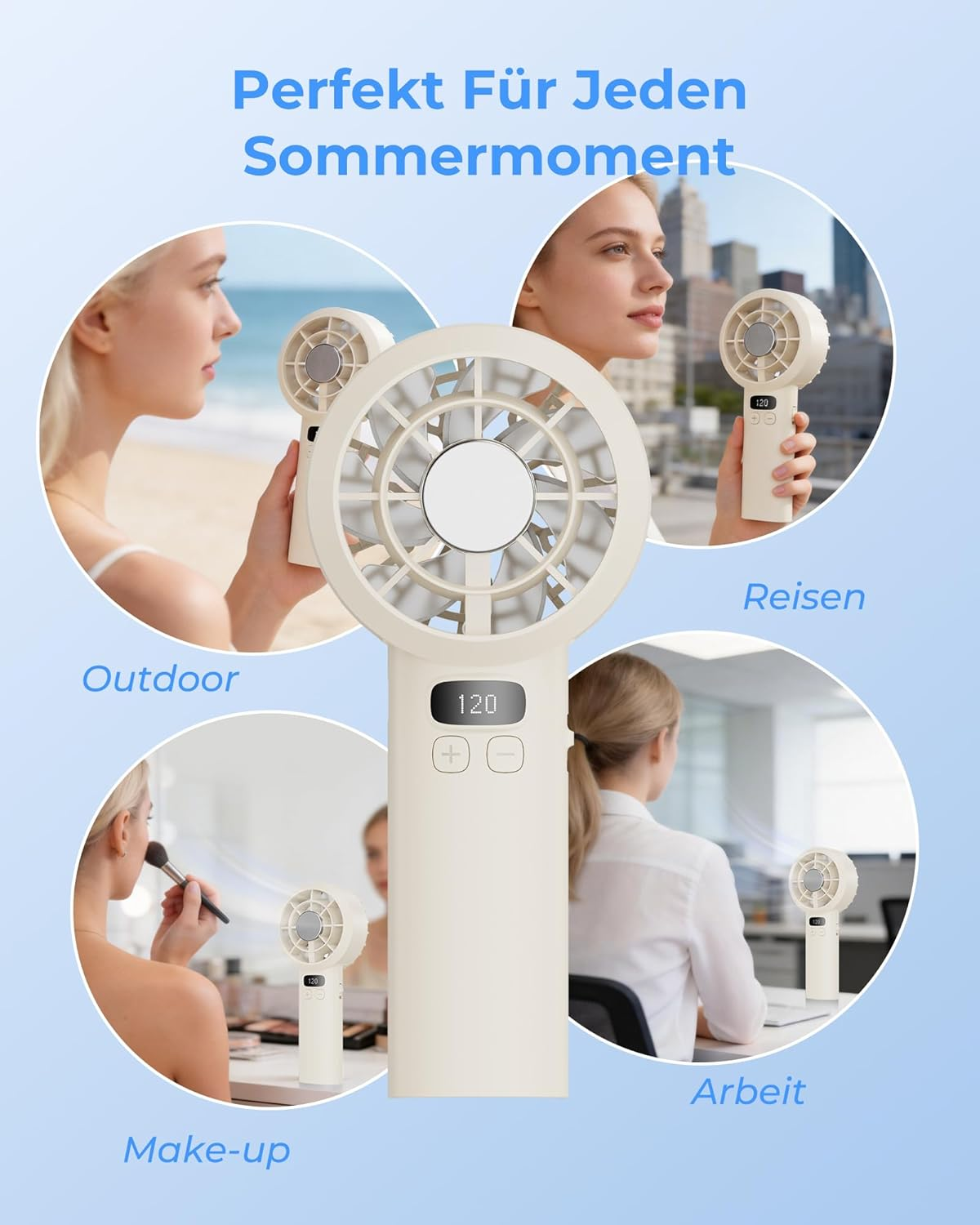 Tragbarer Ventilator im Einsatz im Freien, auf Reisen, zum Schminken und bei der Arbeit.