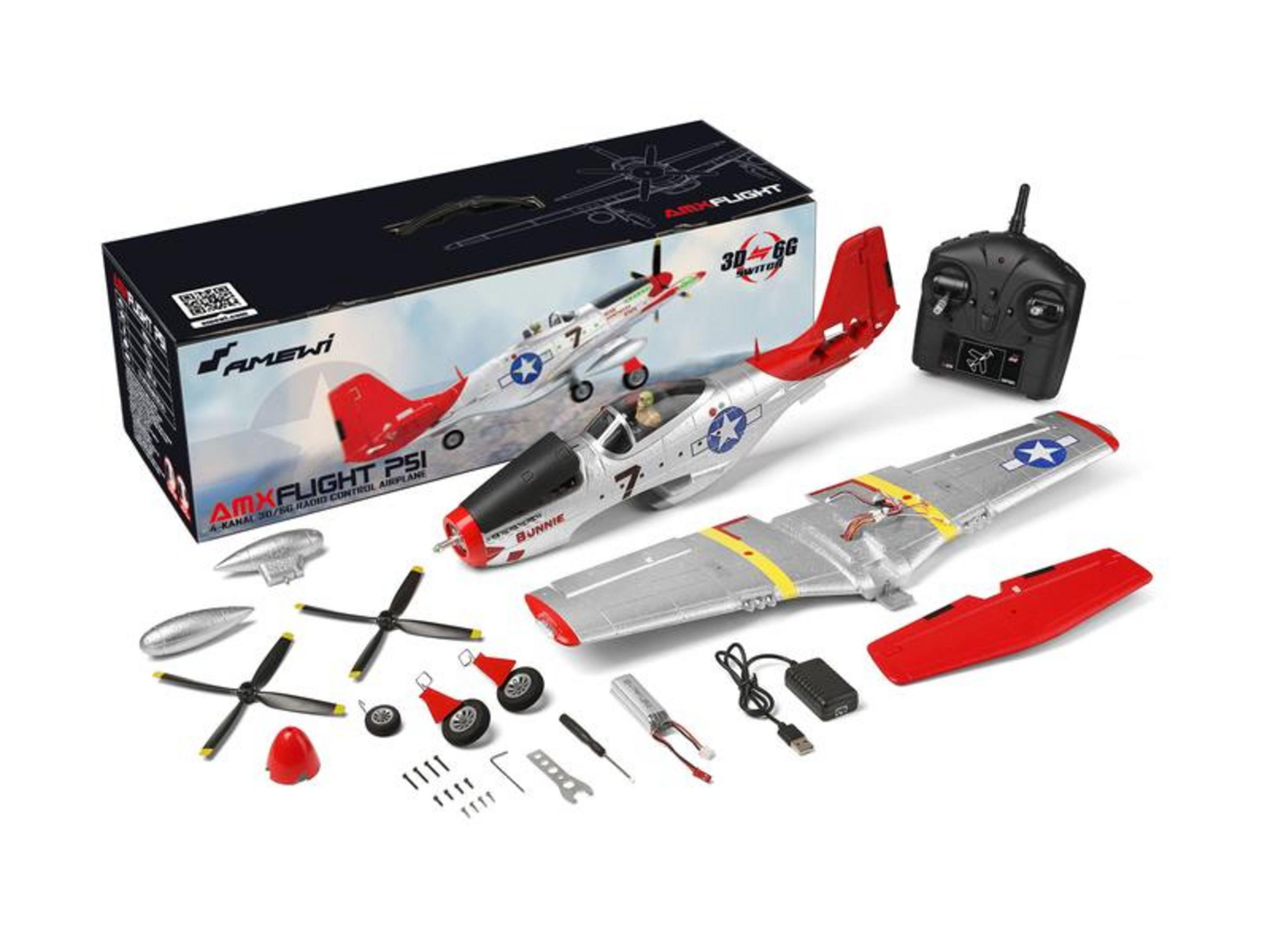 Pièces d'avion RC : avion, télécommande, hélices, roues, batterie, câble de chargement.