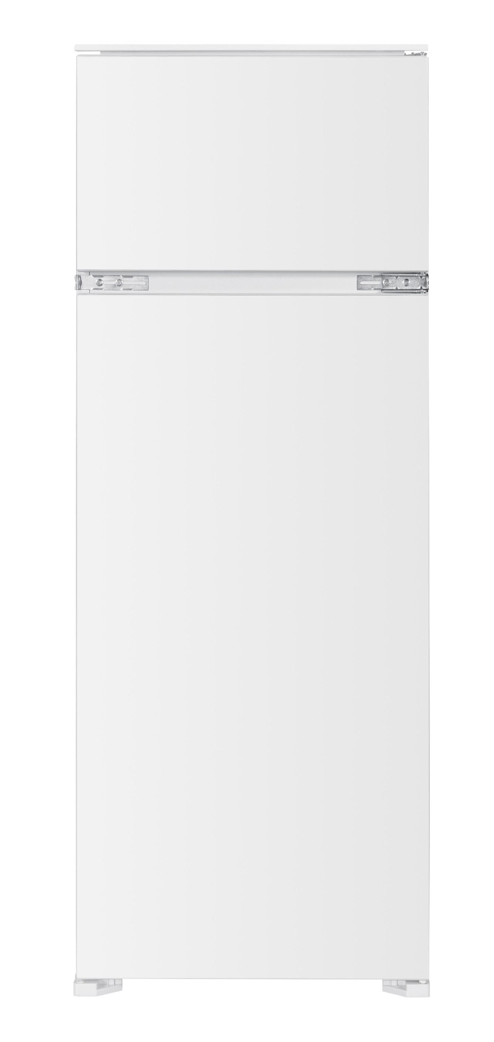 Un frigorifero bianco a due porte su sfondo bianco.