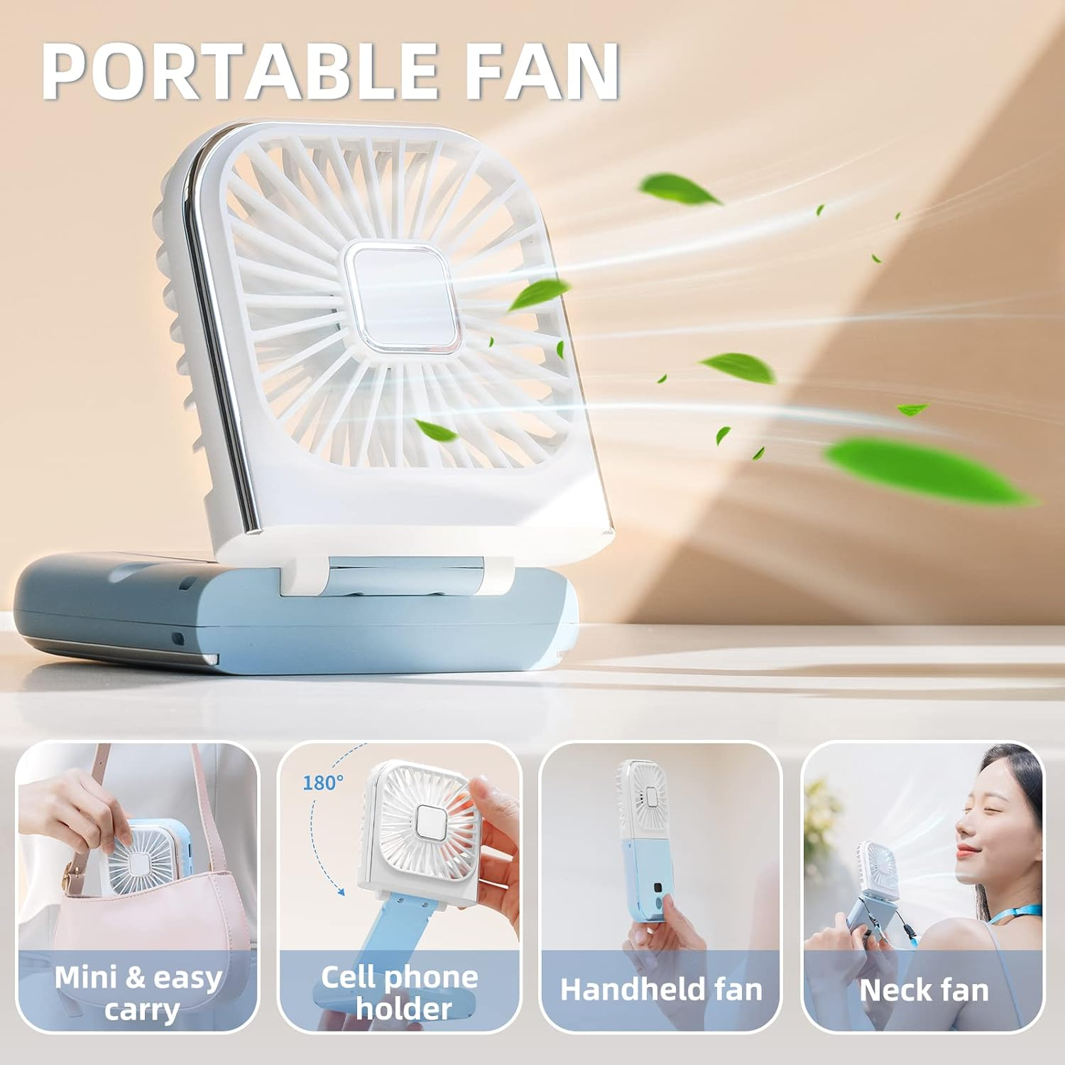 Weißer tragbarer Ventilator mit blauem Sockel, der seine vielfältigen Einsatzmöglichkeiten zeigt.