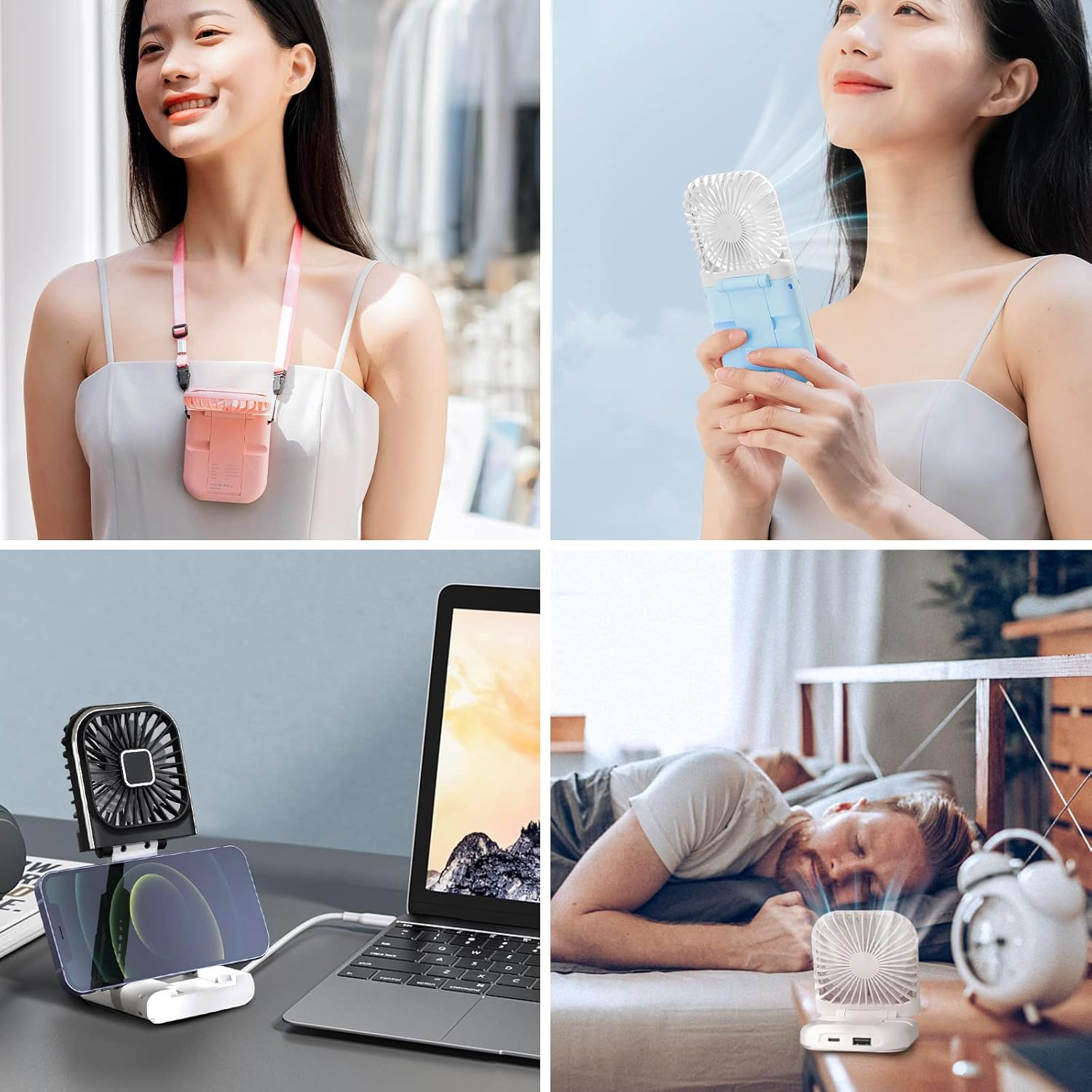 Collage aus vier Bildern mit tragbaren Ventilatoren: Frau trägt rosa Ventilator, Frau hält blauen Ventilator, Ventilator auf Schreibtisch mit Laptop, Mann schläft mit Ventilator.
