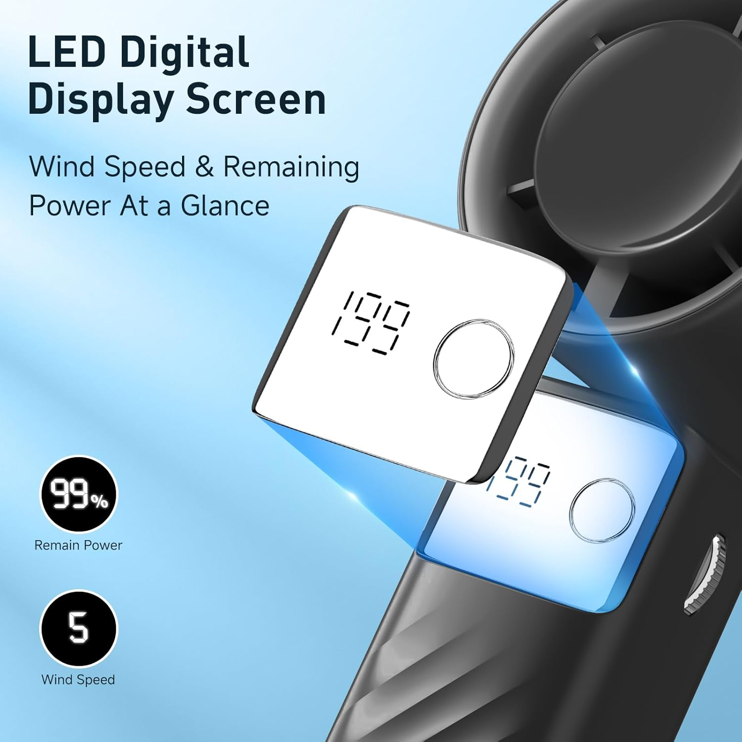 Schwarzes Gerät mit LED-Bildschirm, das 99% Leistung und Windgeschwindigkeit 5 anzeigt. Text: LED Digital Display Screen.