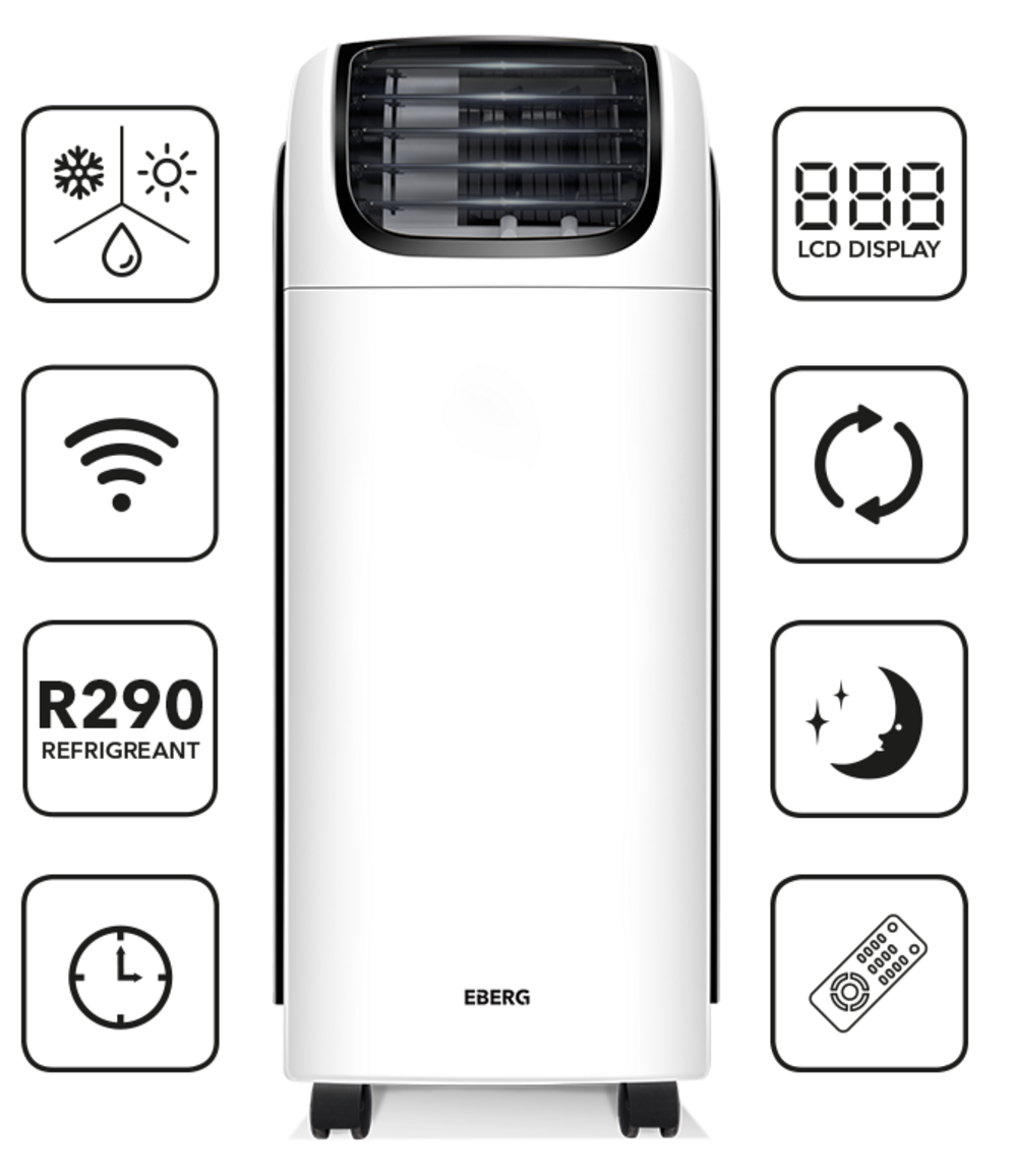 Biała wieża przenośnego klimatyzatora z ikonami chłodzenia, WiFi, R290, timera, wyświetlacza, cyklu, trybu nocnego i pilota.