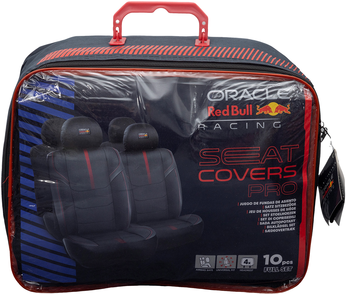 Confezione di coprisedili da corsa neri e rossi, marchio Oracle Red Bull Racing.