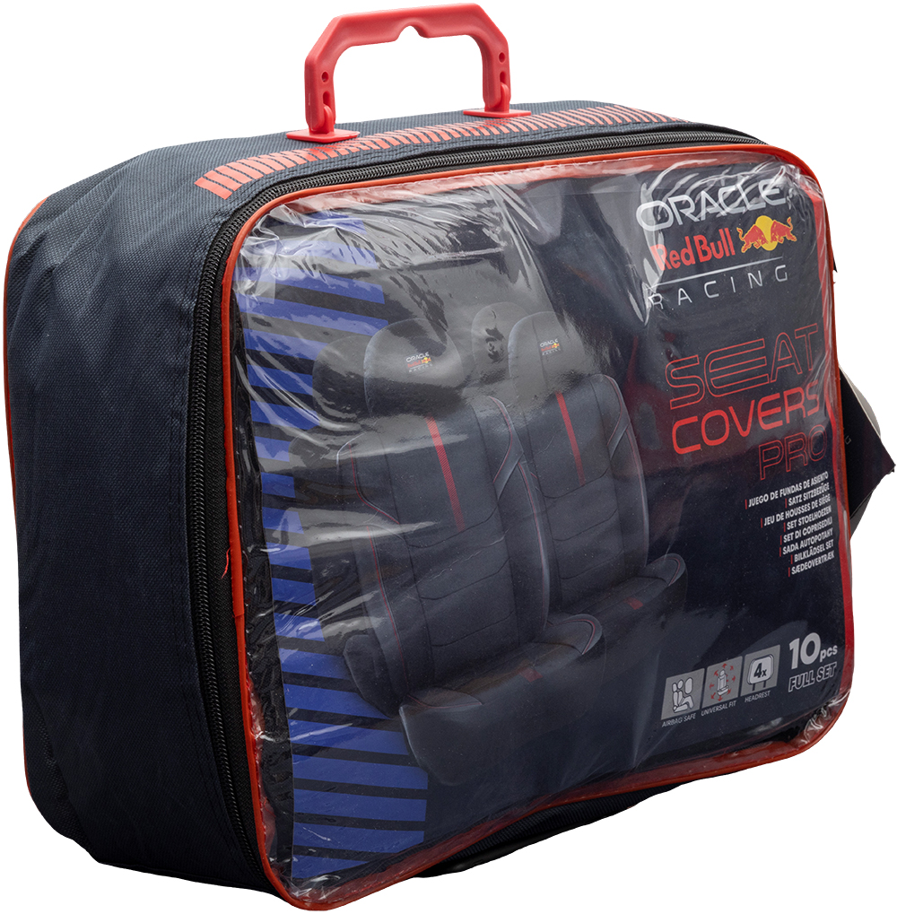 Borsa con coprisedili auto neri e rossi, con logo Red Bull Racing.