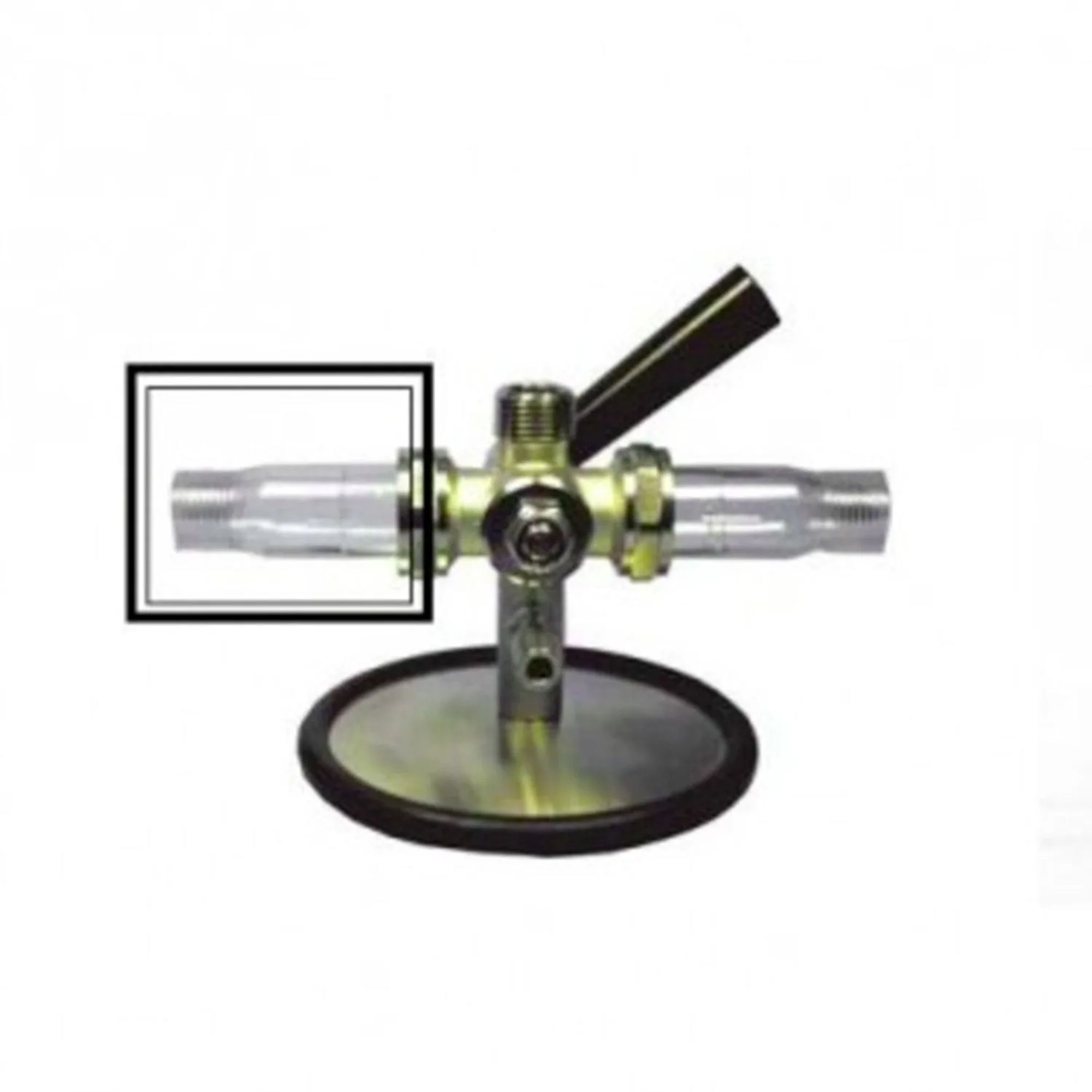 A polished metal adapter with two clear tubes and a handle.
