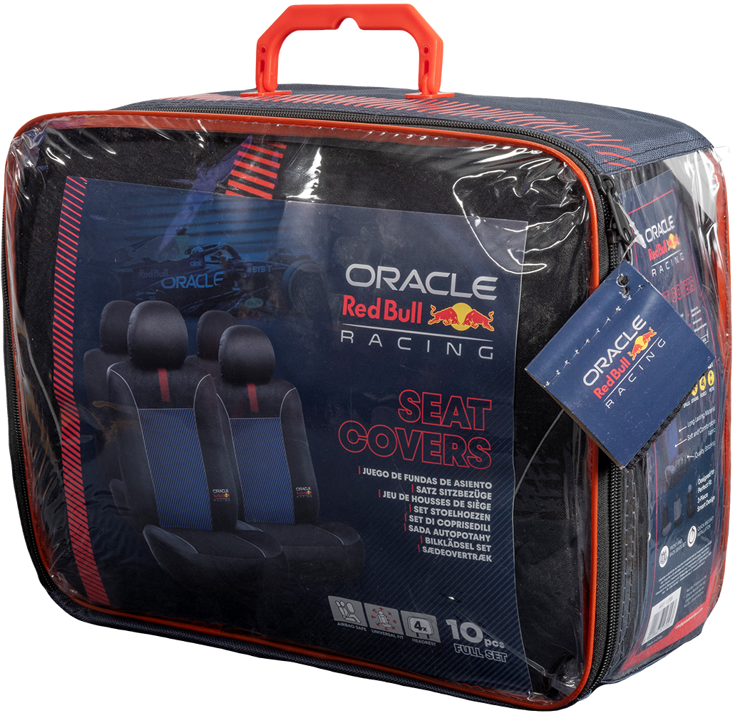 Confezione di coprisedili Oracle Red Bull Racing con manico arancione.
