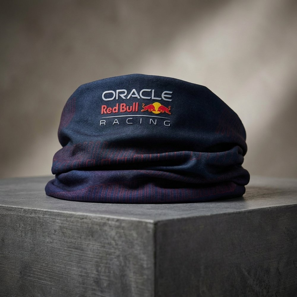 Scaldacollo blu scuro con logo Red Bull Racing e strisce rosse.